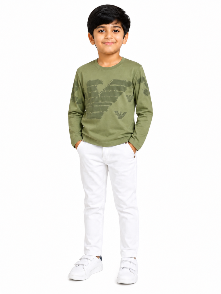 White and navy blue cotton casual pants for boys — front view